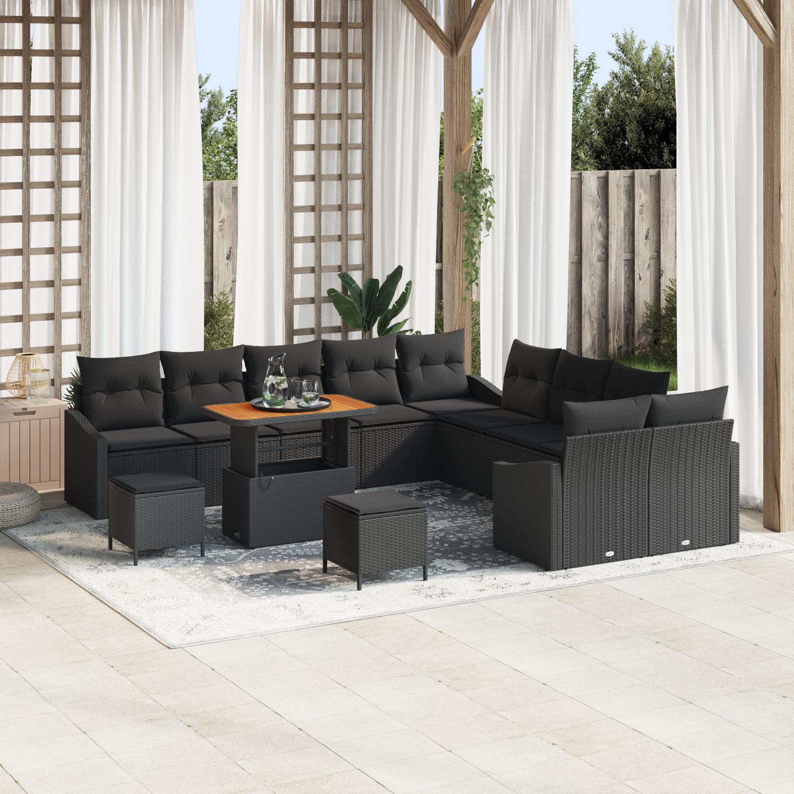Havesofa sæt i sort polyrattan - 13 dele med højdejusterbart bord og puder Havesofa sæt i sort polyrattan - 13 dele med højdejusterbart bord og puder