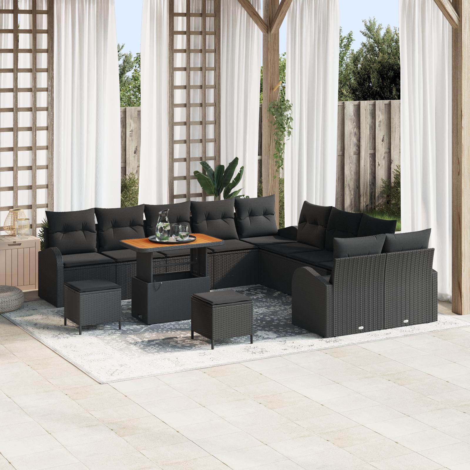 Havesofa sæt i sort polyrattan - 13 dele med puder og højdejusterbart bord Havesofa sæt i sort polyrattan - 13 dele med puder og højdejusterbart bord