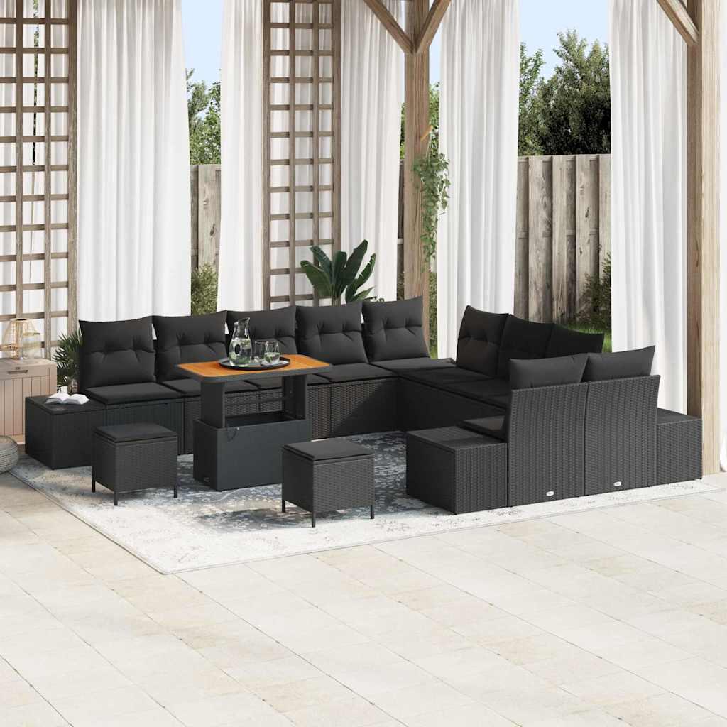 Havesofa-sæt i sort polyrattan - 13 dele med puder og højdejusterbart bord Havesofa-sæt i sort polyrattan - 13 dele med puder og højdejusterbart bord