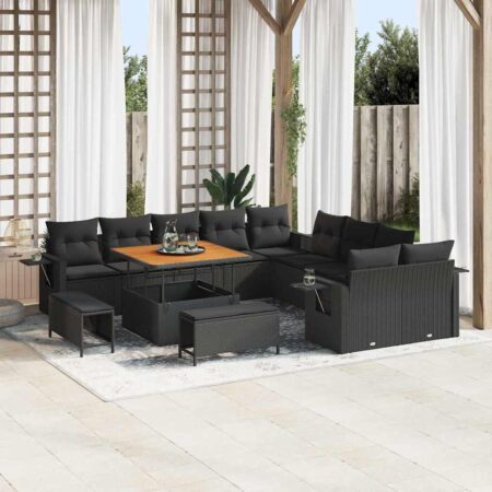 Havesofa sæt i sort polyrattan - 13 dele modulær lounge med hæve/sænk-bord
