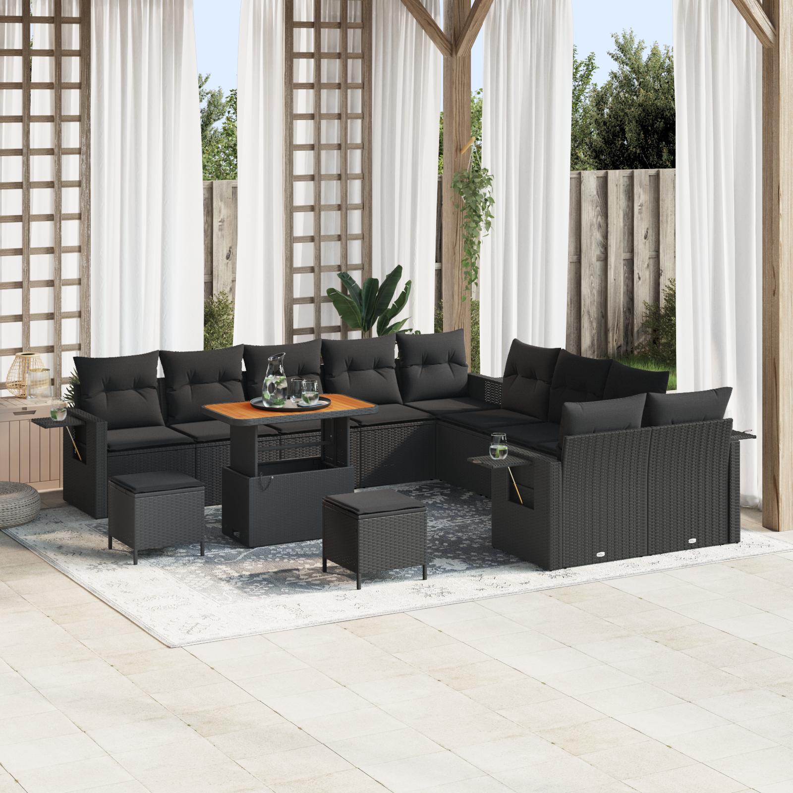 Havesofa sæt i sort polyrattan - 13 dele, modulært med justerbart bord Havesofa sæt i sort polyrattan - 13 dele, modulært med justerbart bord