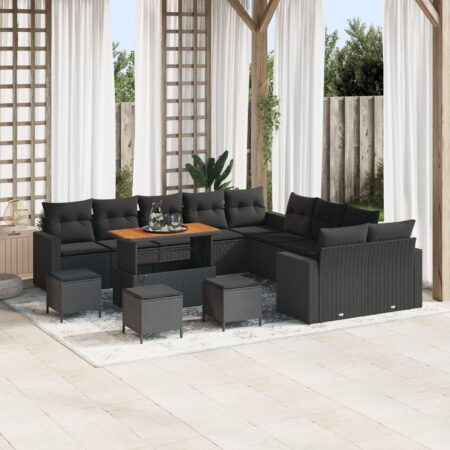 Havesofa-sæt i sort polyrattan - 14 dele med højdejusterbart bord