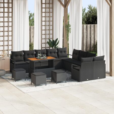 Havesofa-sæt i sort polyrattan - 14 dele med justerbart bord