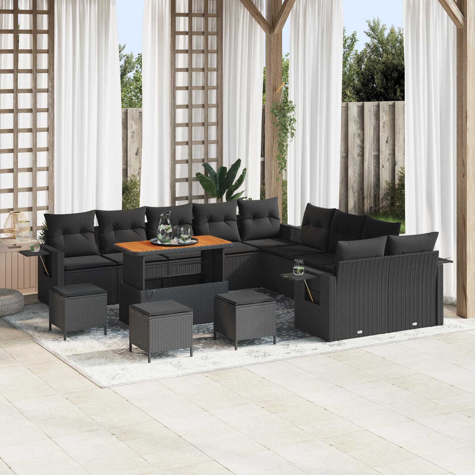 Havesofa sæt i sort polyrattan - 14 dele, modulært med justerbart bord Havesofa sæt i sort polyrattan - 14 dele, modulært med justerbart bord