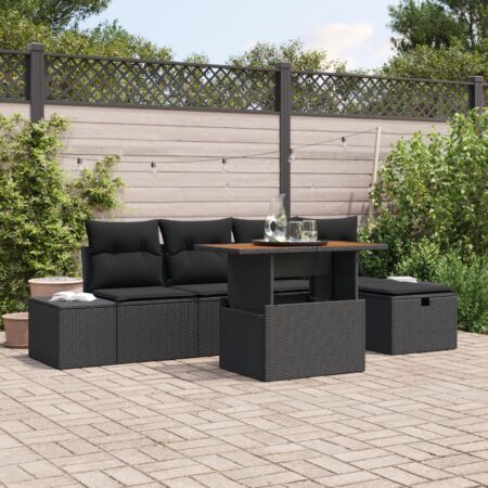 Havesofa sæt i sort polyrattan - 6 dele, justerbart bord