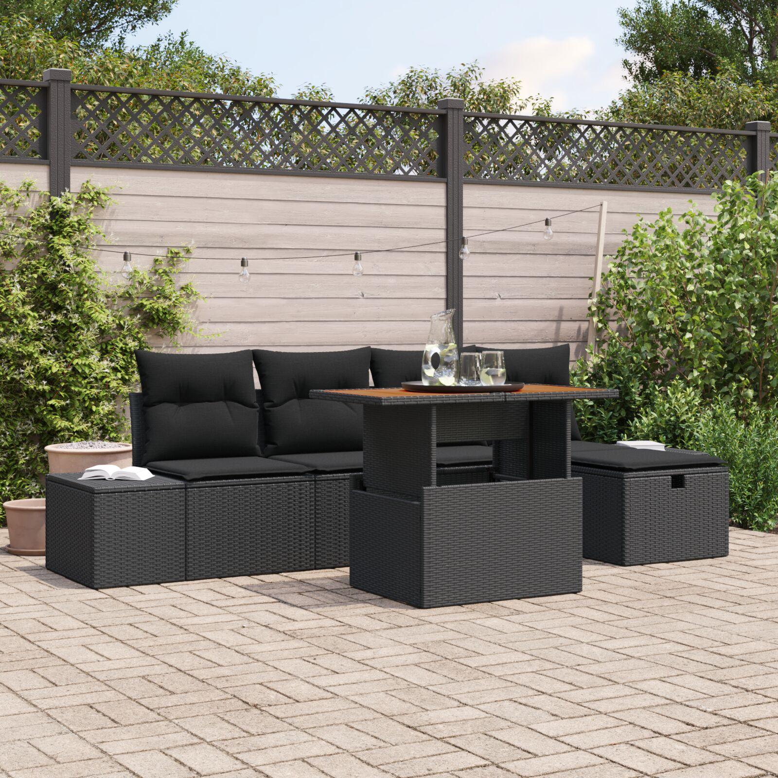 Havesofa sæt i sort polyrattan - 6 dele, justerbart bord Havesofa sæt i sort polyrattan - 6 dele, justerbart bord