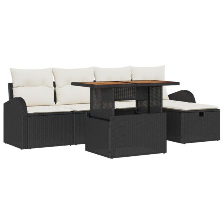 Havesofa sæt i sort polyrattan - 6 dele med akacietræs-bord, 5 pladser