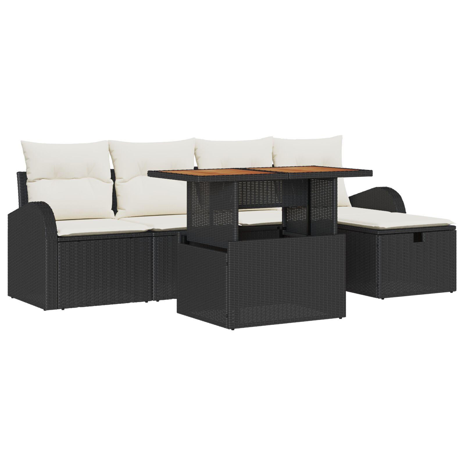Havesofa sæt i sort polyrattan - 6 dele med akacietræs-bord, 5 pladser Havesofa sæt i sort polyrattan - 6 dele med akacietræs-bord, 5 pladser