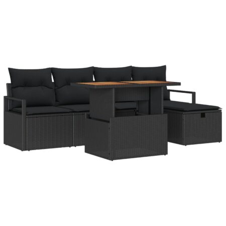 Havesofa sæt i sort polyrattan - 6 dele med bord i akacietræ