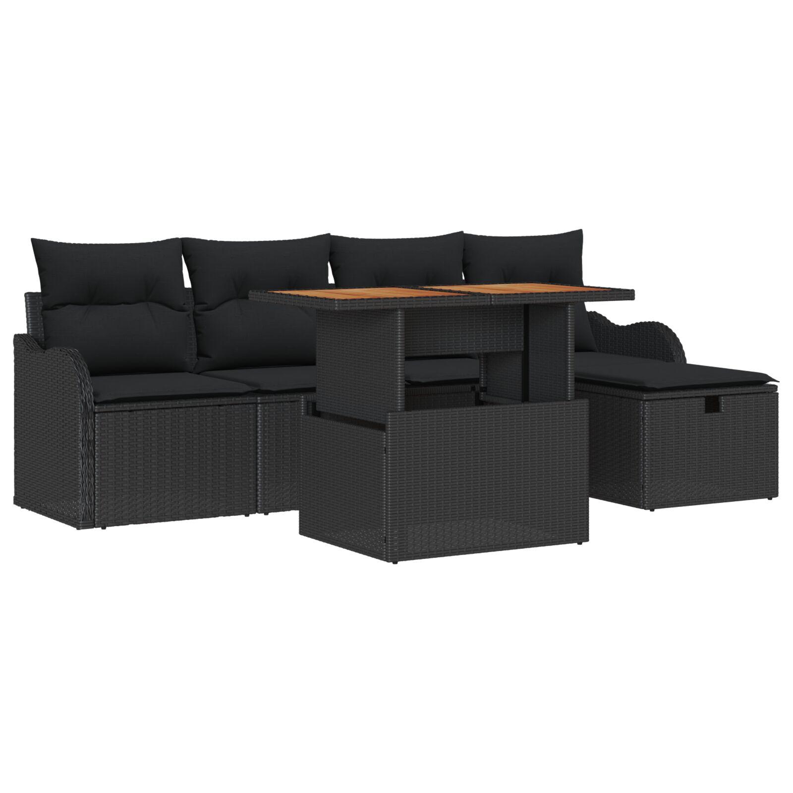 Havesofa sæt i sort polyrattan - 6 dele med bord og puder Havesofa sæt i sort polyrattan - 6 dele med bord og puder