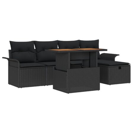 Havesofa sæt i sort polyrattan - 6 dele med bord og puder