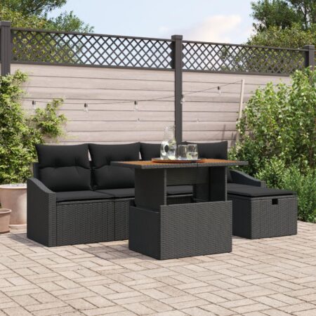 Havesofa sæt i sort polyrattan - 6 dele med bord, puf og puder