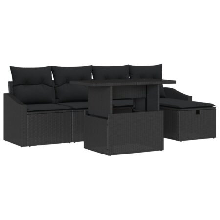 Havesofa sæt i sort polyrattan - 6 dele med puder og højdejusterbart bord