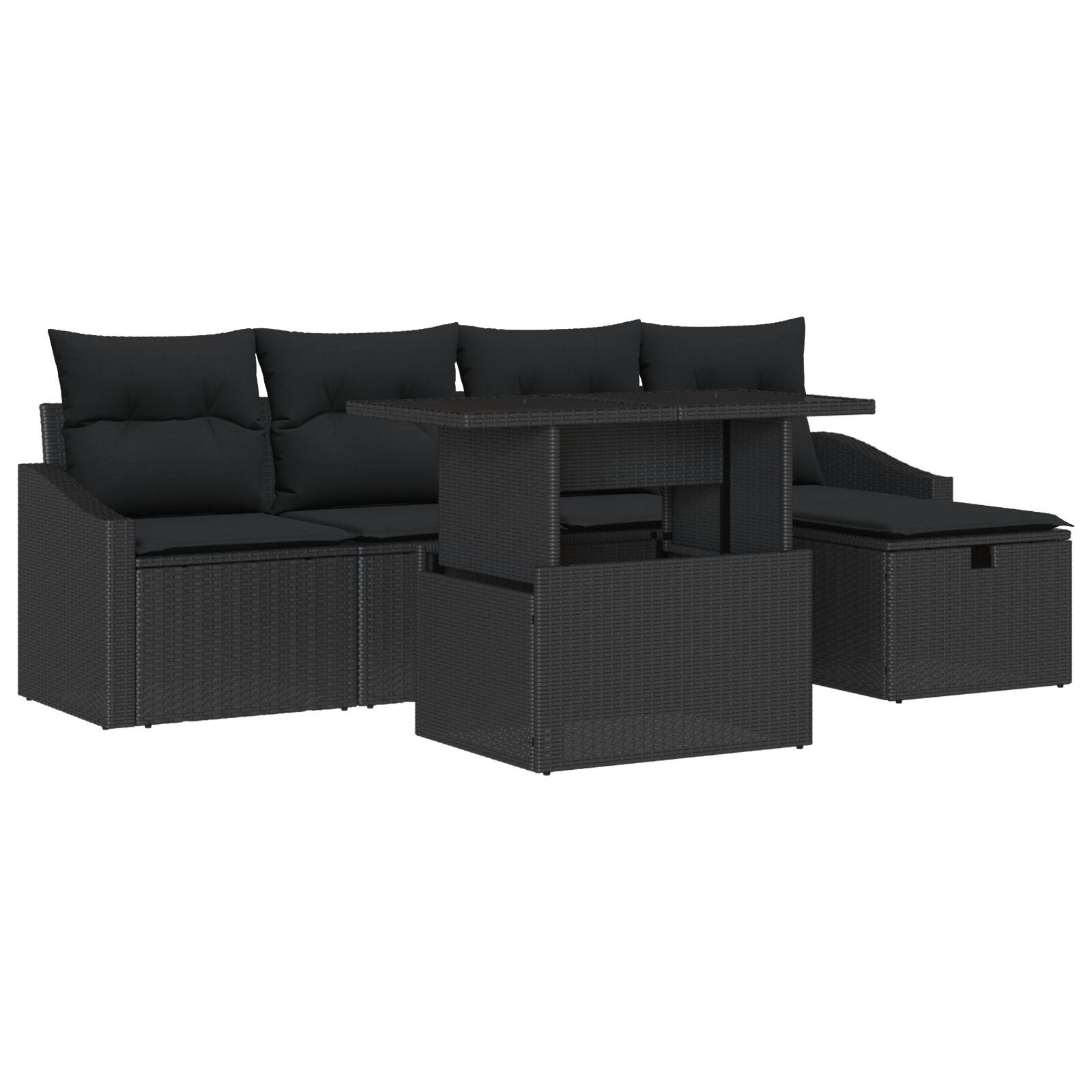 Havesofa sæt i sort polyrattan - 6 dele med puder og højdejusterbart bord Havesofa sæt i sort polyrattan - 6 dele med puder og højdejusterbart bord
