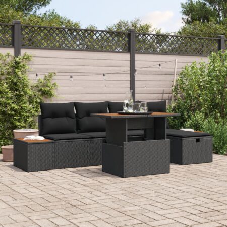 Havesofa sæt i sort polyrattan - 6 dele, modulopbygget med bord