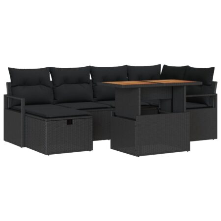 Havesofa-sæt i sort polyrattan - 7 dele med bord og fodskammel