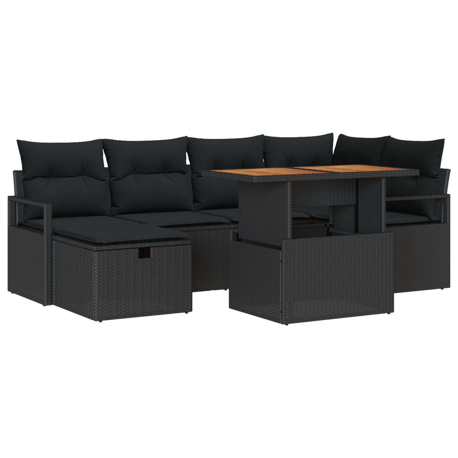 Havesofa-sæt i sort polyrattan - 7 dele med bord og fodskammel Havesofa-sæt i sort polyrattan - 7 dele med bord og fodskammel