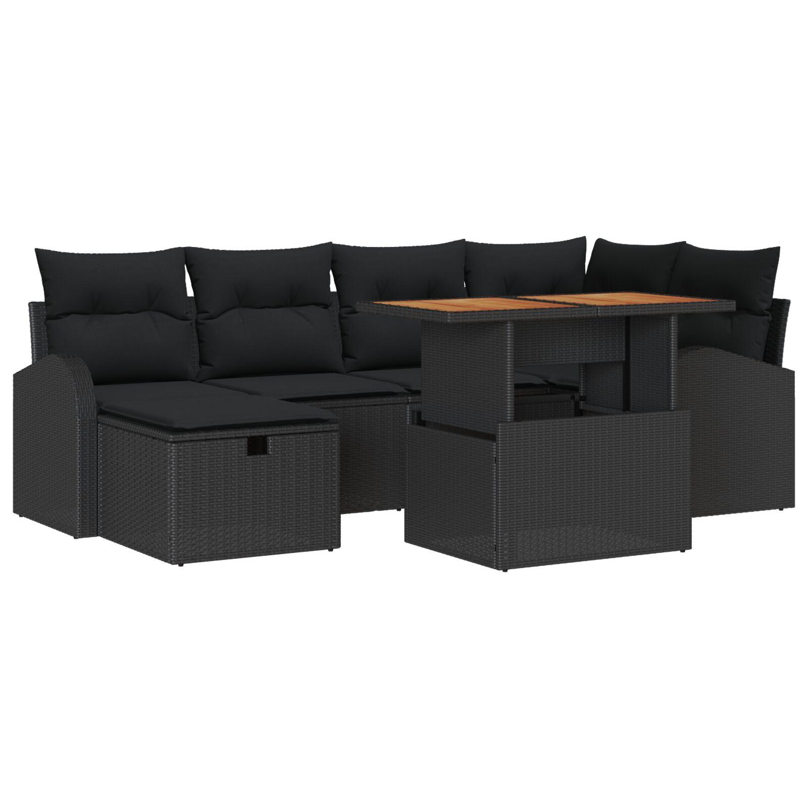 Havesofa sæt i sort polyrattan - 7 dele med bord og puder Havesofa sæt i sort polyrattan - 7 dele med bord og puder