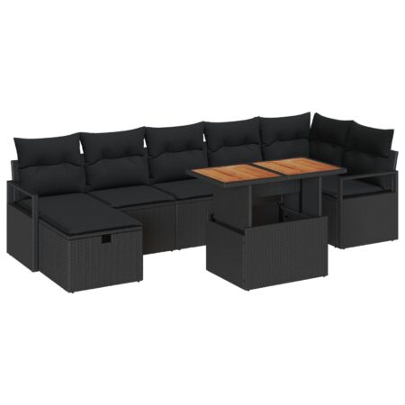 Havesofa sæt i sort polyrattan - 8 dele med bord og fodskammel