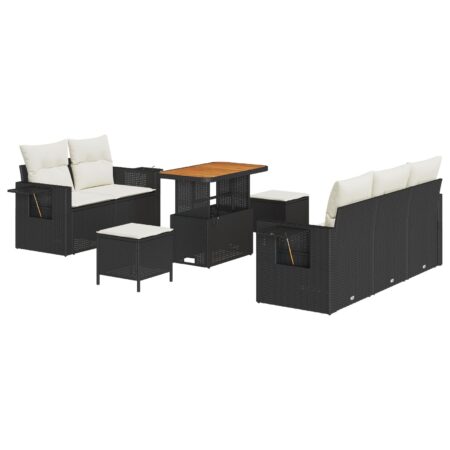 Havesofa-sæt i sort polyrattan - 8 dele med højdejusterbart bord