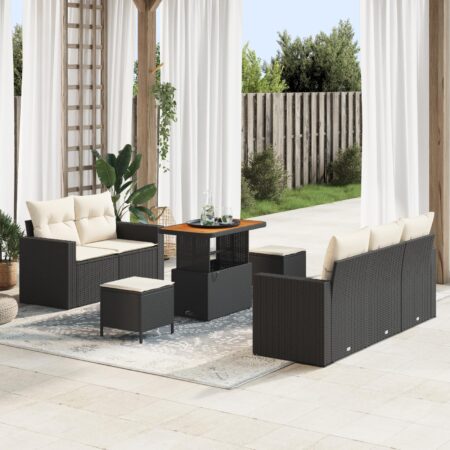 Havesofa-sæt i sort polyrattan - 8 dele med puder og højdejusterbart bord
