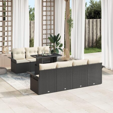 Havesofa sæt i sort polyrattan - 8 dele med puder og højdejusterbart bord