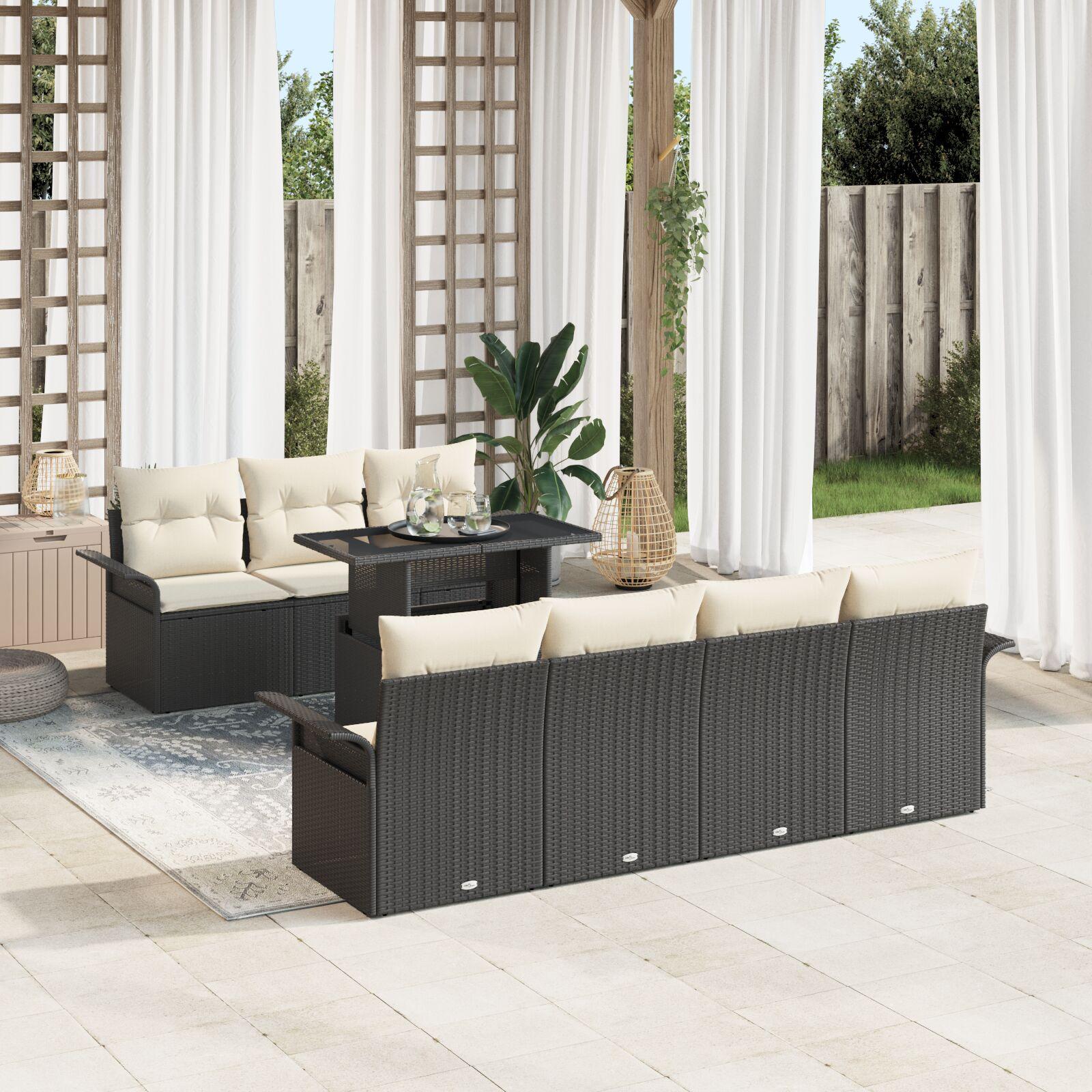 Havesofa sæt i sort polyrattan - 8 dele med puder og højdejusterbart bord Havesofa sæt i sort polyrattan - 8 dele med puder og højdejusterbart bord