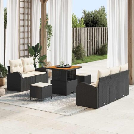 Havesofa sæt i sort polyrattan - 8 dele med puder og højdejusterbart bord