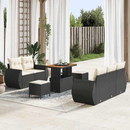 Havesofa sæt i sort polyrattan - 8 dele, modulært med justerbart bord