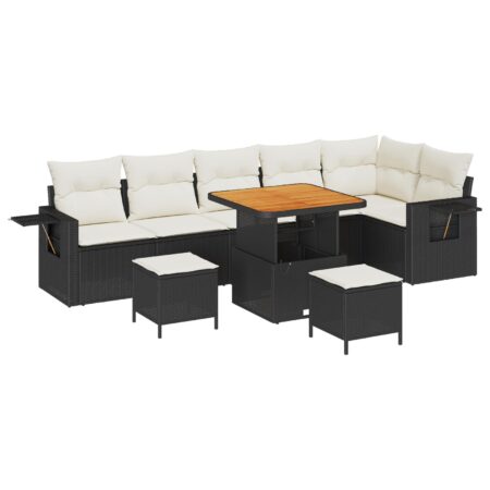 Havesofa sæt i sort polyrattan - 9 dele med bord og puder
