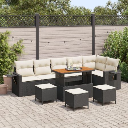Havesofa sæt i sort polyrattan - 9 dele med bord og skamler