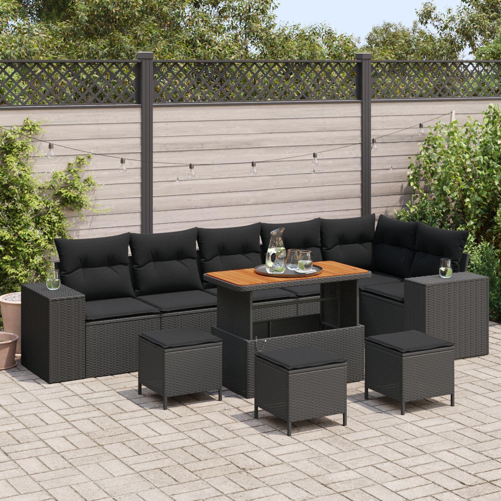 Havesofa sæt i sort polyrattan - 9 dele med hæve/sænke-bord og puder Havesofa sæt i sort polyrattan - 9 dele med hæve/sænke-bord og puder