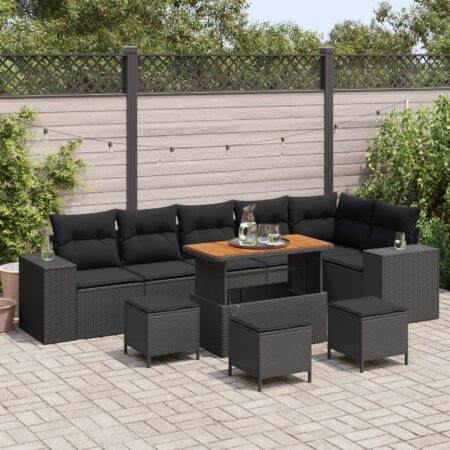 Havesofa sæt i sort polyrattan - 9 dele med hæve/sænke-bord og puder