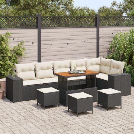 Havesofa sæt i sort polyrattan - 9 dele med hæve‑sænke bord og puder
