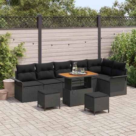Havesofa-sæt i sort polyrattan - 9 dele med højdejusterbart bord