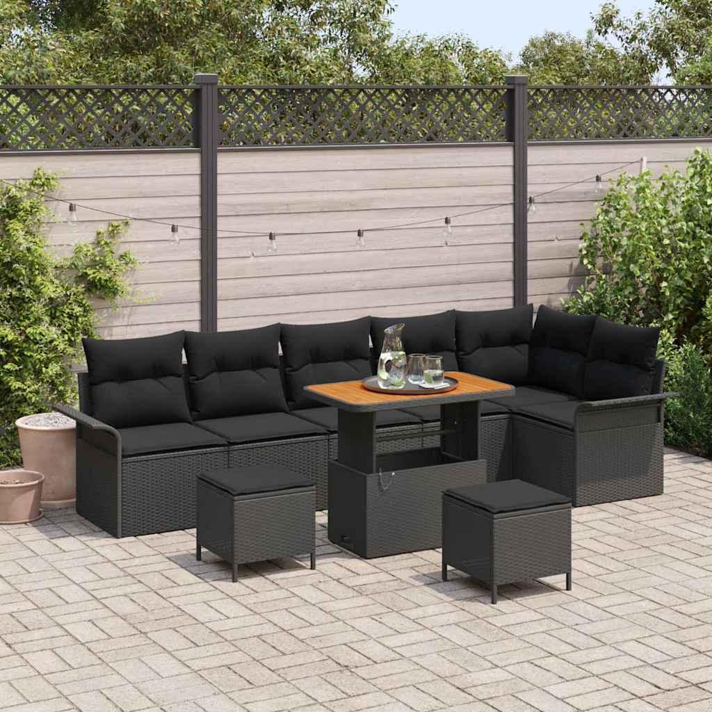 Havesofa-sæt i sort polyrattan - 9 dele med højdejusterbart bord Havesofa-sæt i sort polyrattan - 9 dele med højdejusterbart bord