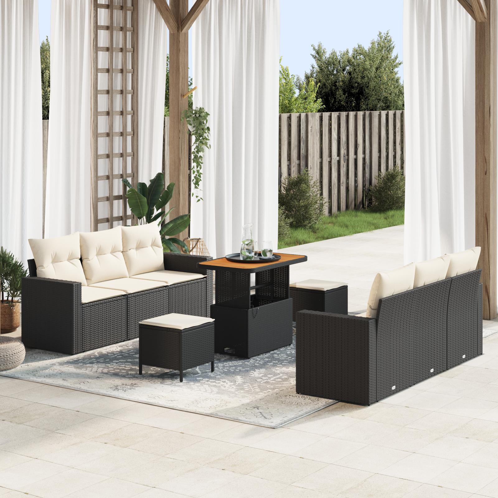 Havesofa sæt i sort polyrattan - 9 dele med højdejusterbart bord Havesofa sæt i sort polyrattan - 9 dele med højdejusterbart bord