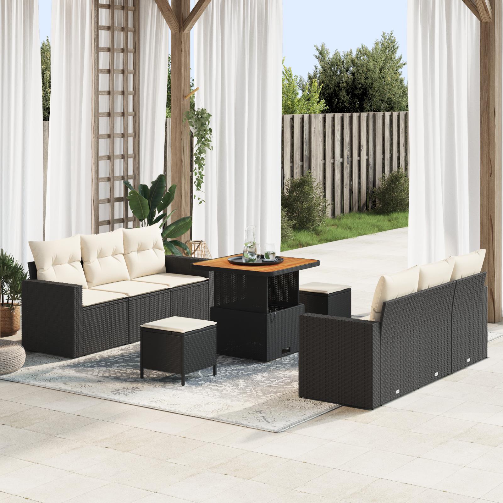 Havesofa sæt i sort polyrattan - 9 dele med justerbart bord Havesofa sæt i sort polyrattan - 9 dele med justerbart bord