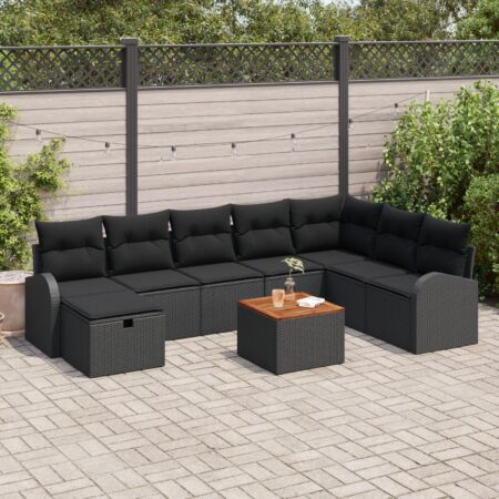 Havesofa-sæt i sort polyrattan - 9 dele med opbevaring og akacie bord