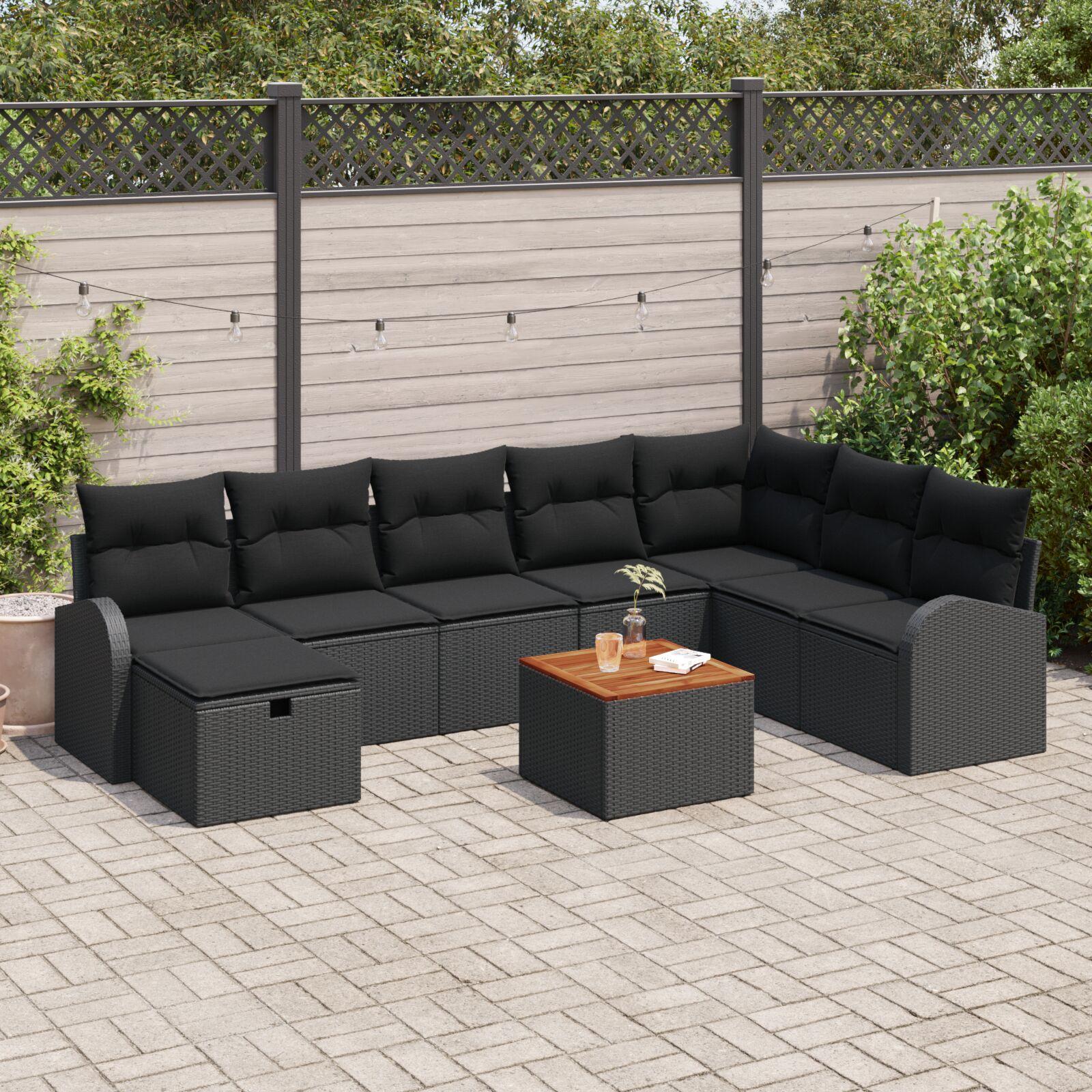Havesofa-sæt i sort polyrattan - 9 dele med opbevaring og akacie bord Havesofa-sæt i sort polyrattan - 9 dele med opbevaring og akacie bord