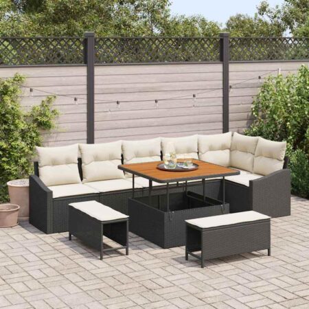 Havesofa-sæt i sort polyrattan - 9 dele med puder og højdejusterbart bord