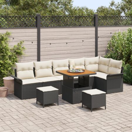 Havesofa sæt i sort polyrattan - 9 dele med puder og højdejusterbart bord