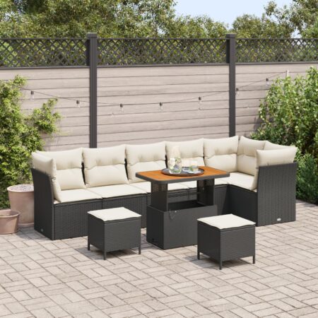 Havesofa sæt i sort polyrattan - 9 dele, modulær lounge med hæve/sænke-bord