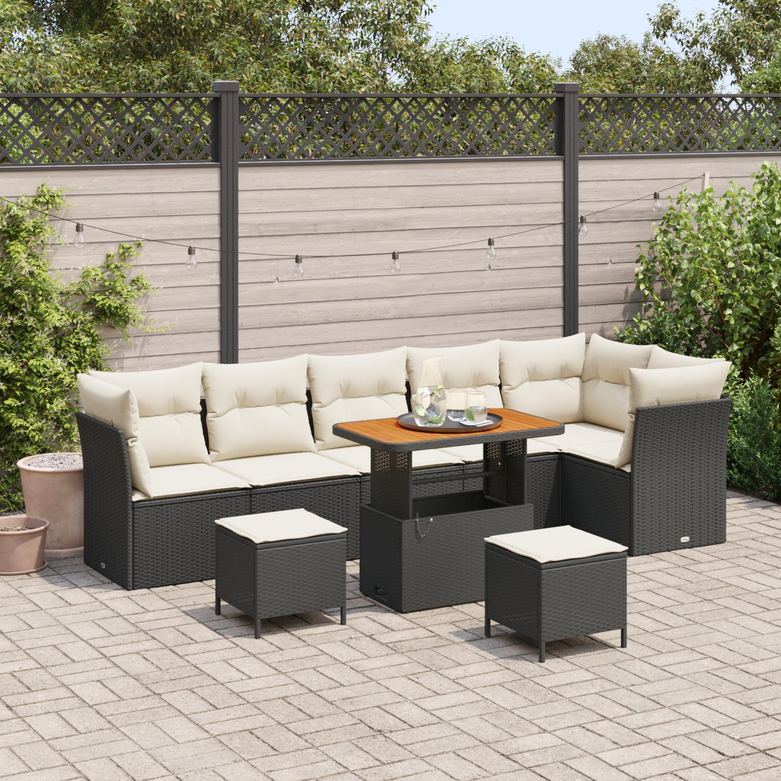 Havesofa sæt i sort polyrattan - 9 dele, modulær lounge med hæve/sænke-bord Havesofa sæt i sort polyrattan - 9 dele, modulær lounge med hæve/sænke-bord