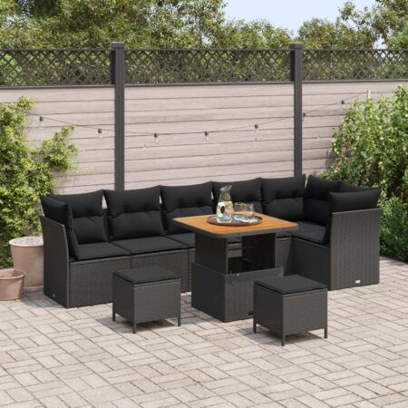 Havesofa sæt i sort polyrattan - 9 dele, modulært loungehjørne med justerbart bord