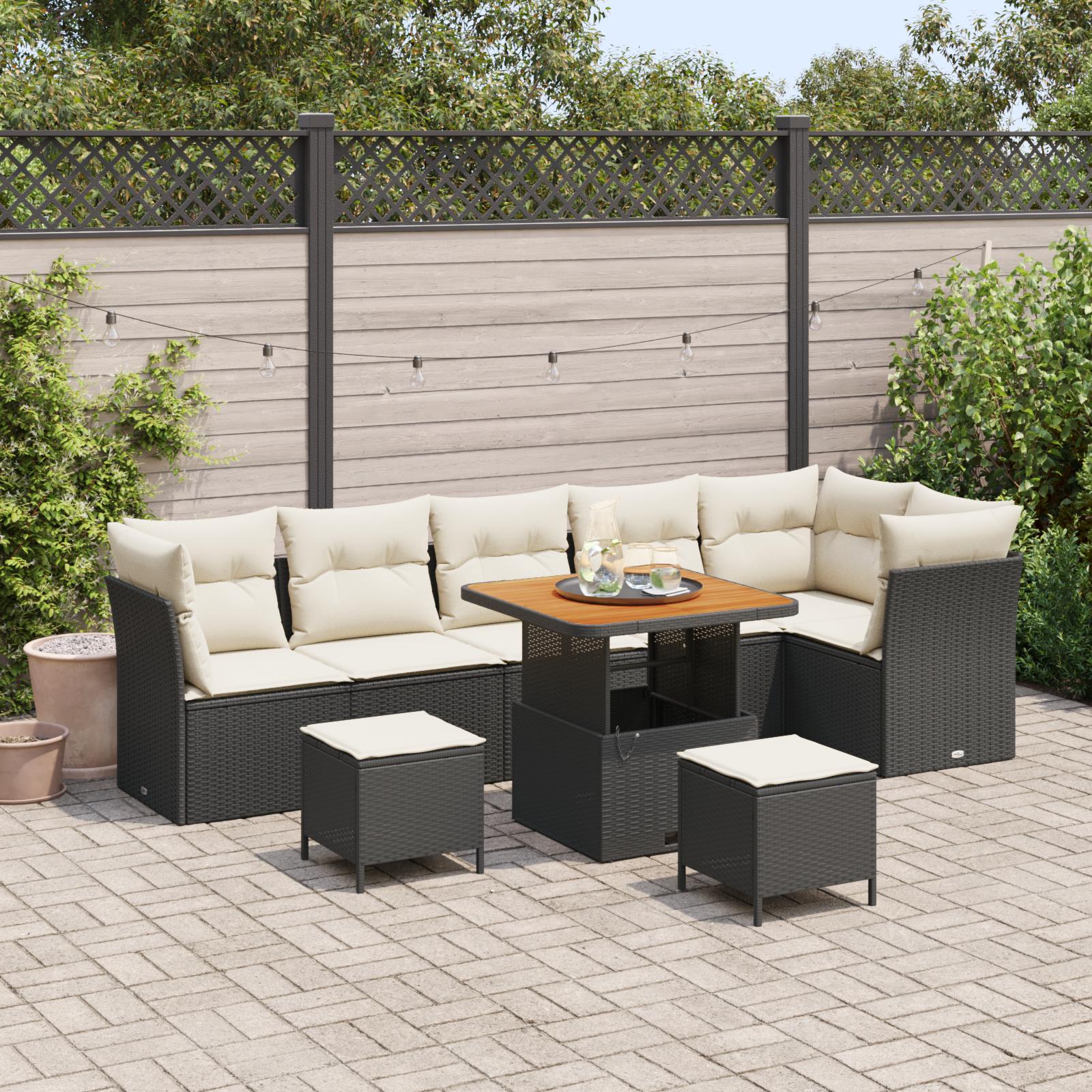 Havesofa sæt i sort polyrattan - 9 dele, modulært med justerbart bord Havesofa sæt i sort polyrattan - 9 dele, modulært med justerbart bord