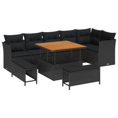 Havesofa sæt i sort polyrattan - 9 dele, modulært med justerbart bord
