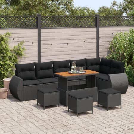 Havesofa sæt i sort polyrattan - 9 dele, modulopbygget med bord og skamler