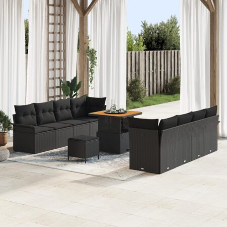 Havesofa-sæt i sort polyrattan med højdejusterbart bord - 11 dele