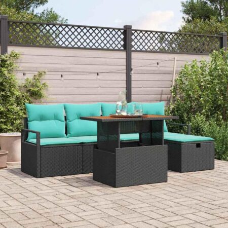 Havesofa-sæt i sort polyrattan med opbevaringspuder - 6 dele, højdejusterbart bord
